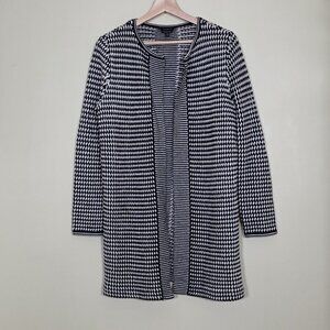 Talbots Cardigan Womens M Black White Geo Pattern LS Merino Wool Open Front Boho